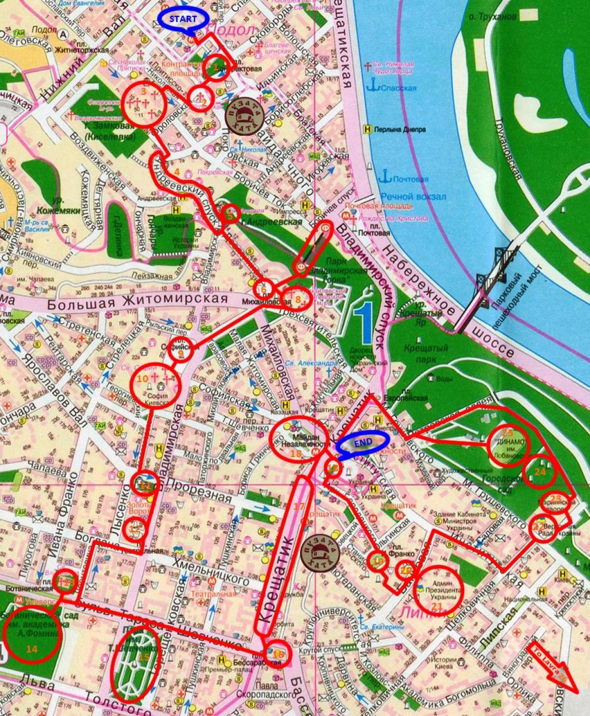 Mapa dos passeios a pé em Kiev
